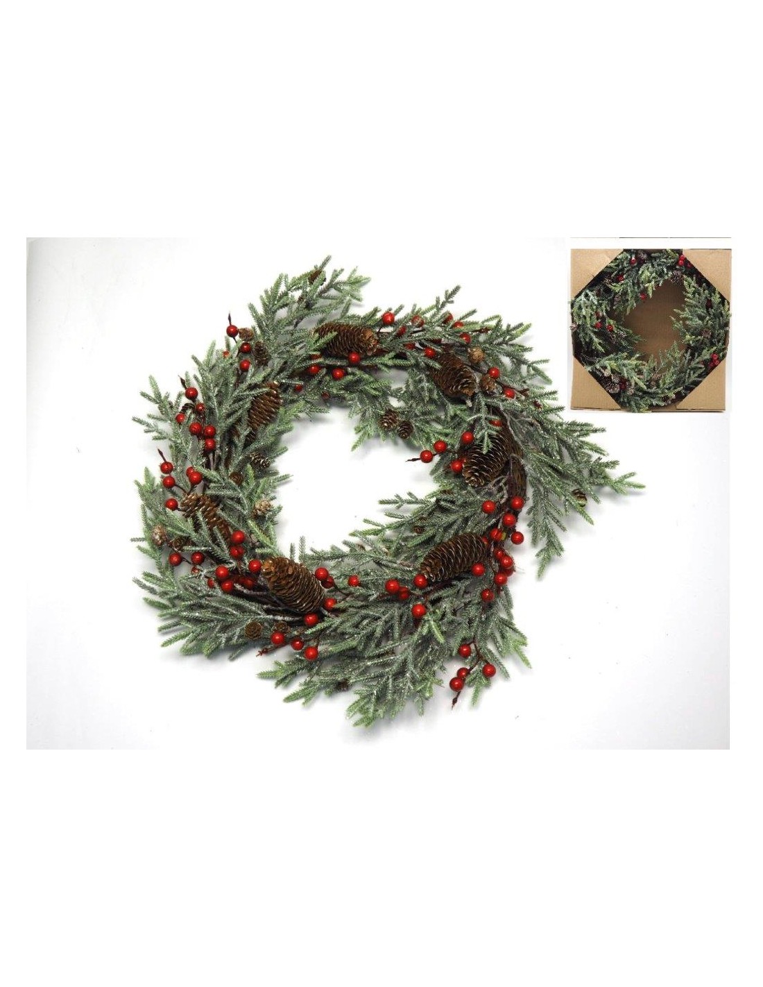 BOE E GHIRLANDE: vendita online CORONA PINO D50CM CON PIGNE E BACCHE ROSSE in offerta