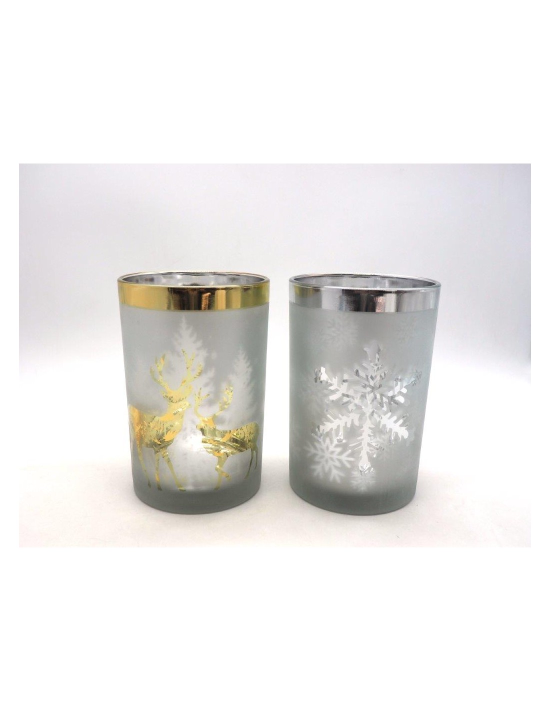 VETRERIE: vendita online VASO VETRO 18X12CM BORDO ORO/ARGENTO CON RENNA/FIOCCO DI NEVE in offerta