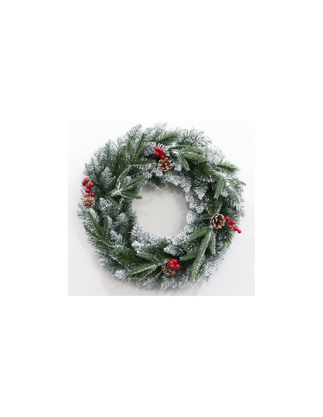 BOE E GHIRLANDE: vendita online CORONA PINO INNEVATA D50CM CON BACCHE ROSSE in offerta
