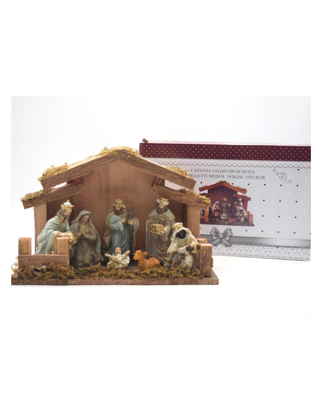 ACCESSORI PRESEPE: vendita online NATIVITA' 8 SOGGETTI IN CAPANNA LEGNO MUSCHIATA 29X13CM in offerta