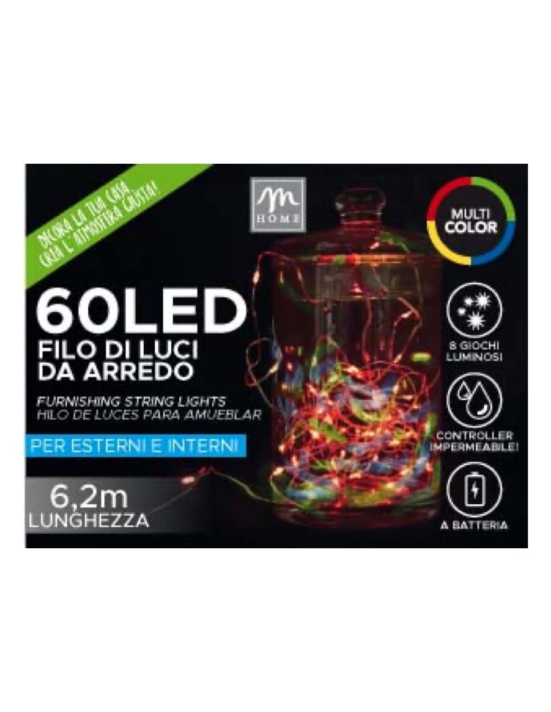 LUCI DI NATALE: vendita online Luci di Natale a Filo da 60 LED Multicolor a batteria per Esterno con 8 giochi luminosi in off...