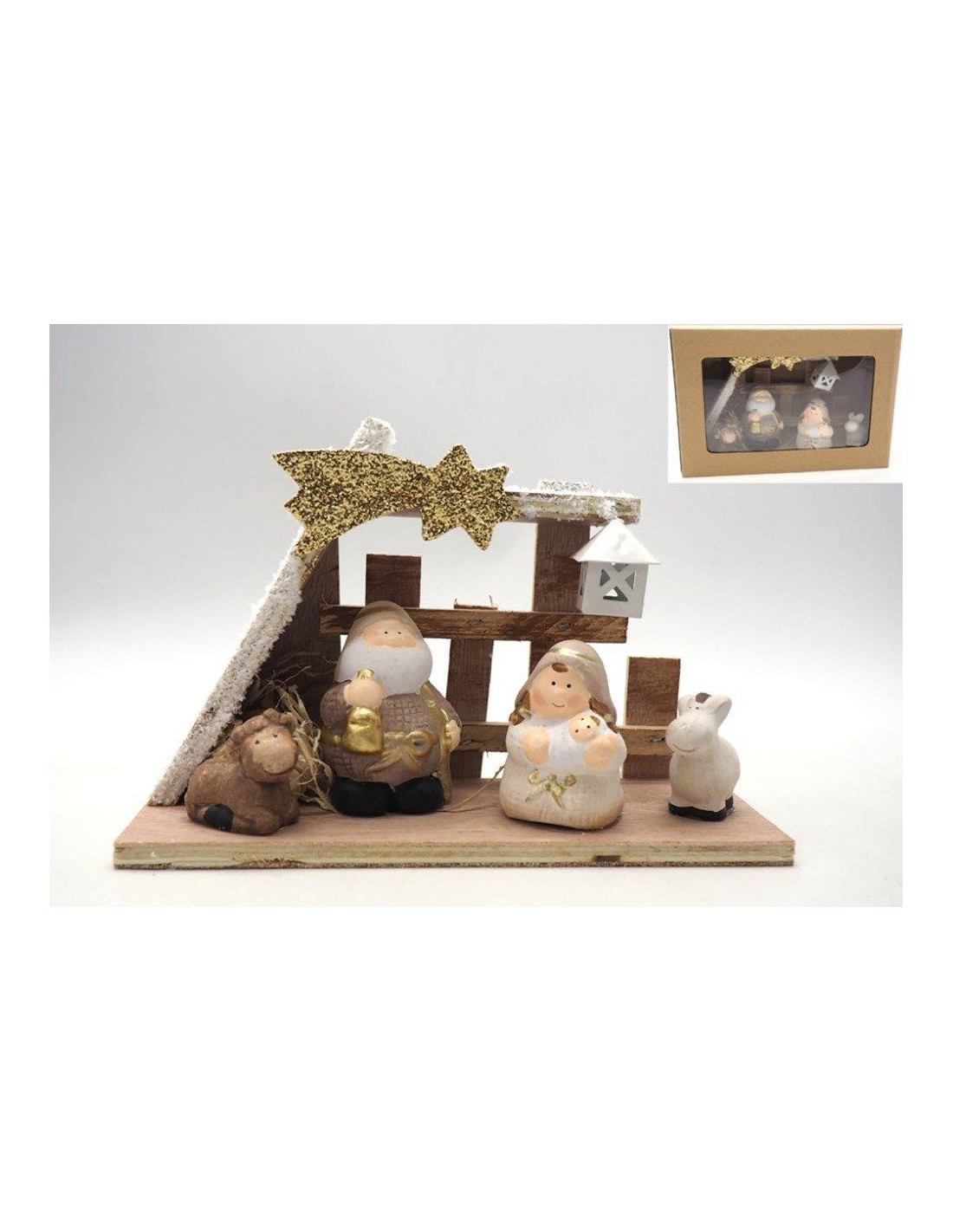 OGGETTISTICA NATALE: vendita online NATIVITA' CERAMICA 13X21X7,5CM IN CAPANNA LEGNO in offerta