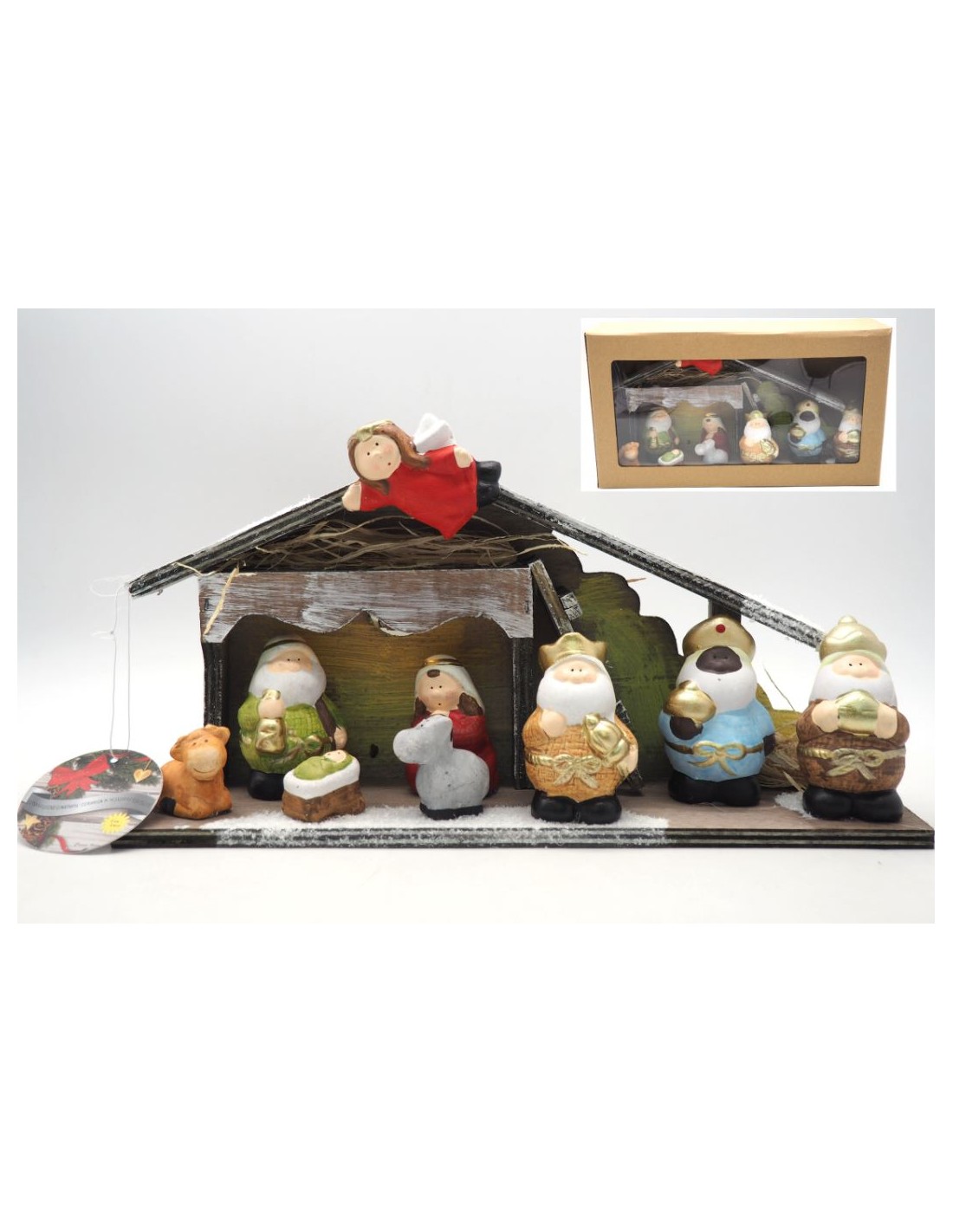OGGETTISTICA NATALE: vendita online CAPANNA LEGNO CON 9 SOGGETTI PRESEPE 17,5X33X8,5CM CERAMICA in offerta