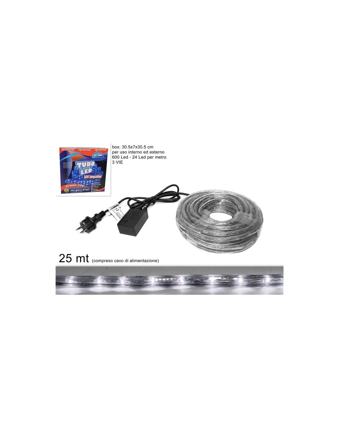 TUBO LED 25MT 3 VIE BIANCO FREDDOJH-3LED-W-25M