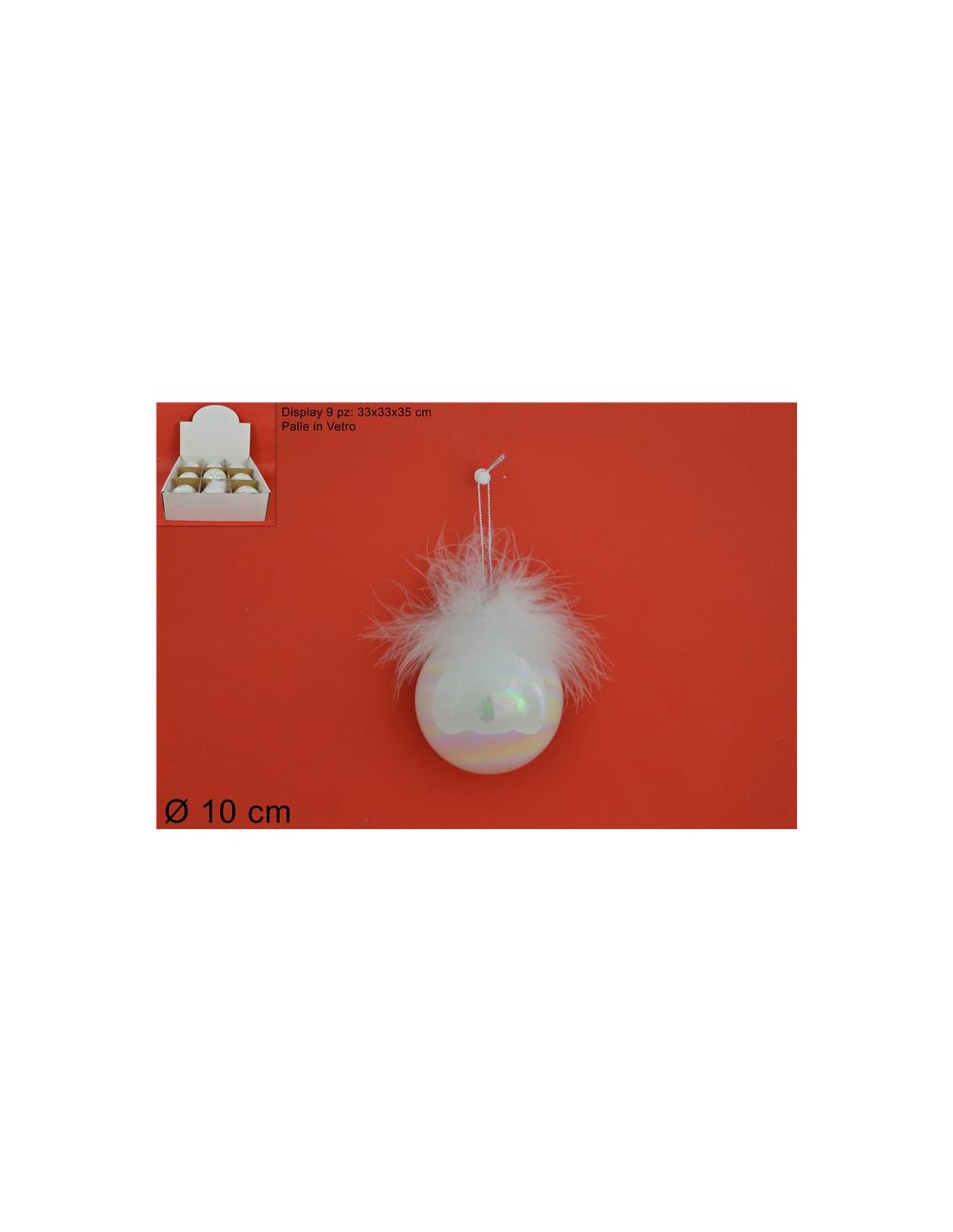 SFERA VETRO 10CM BIANCA PERLATA CON PIUME