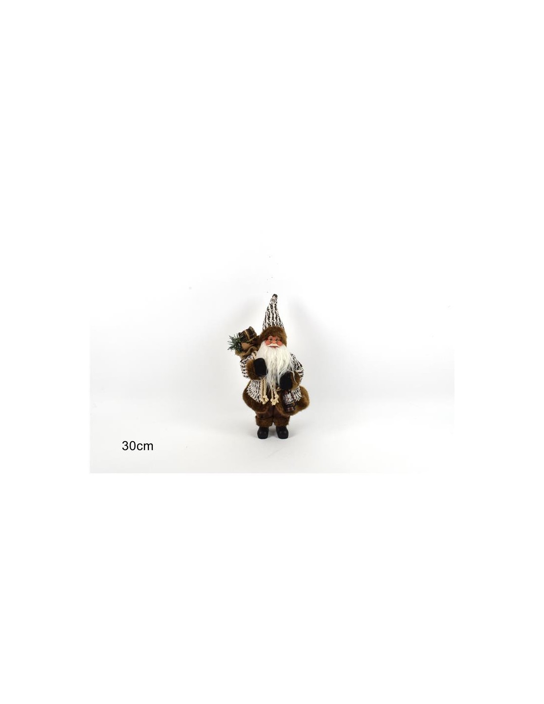BABBO NATALE CON CAPPOTTO PELLICCIA 30CM LENTERNA E PACCHI