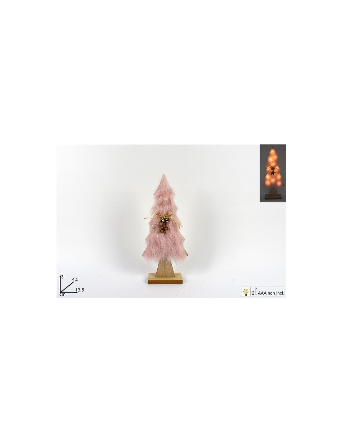 ALBERO LEGNO CON PELLICCIA 31CM LUCI ROSA