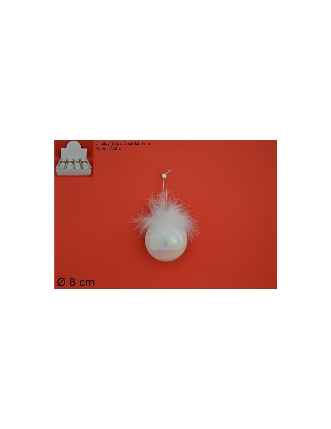 SFERA VETRO 8CM BIANCA PERLATA CON PIUME