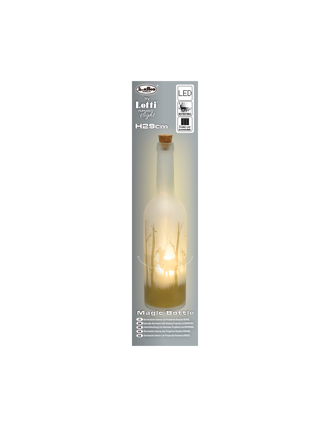 LUCI DI NATALE: vendita online Bottiglia di Natale Magic 7x29cm in vetro bianco oro con proiezione LED renne, luce calda in o...