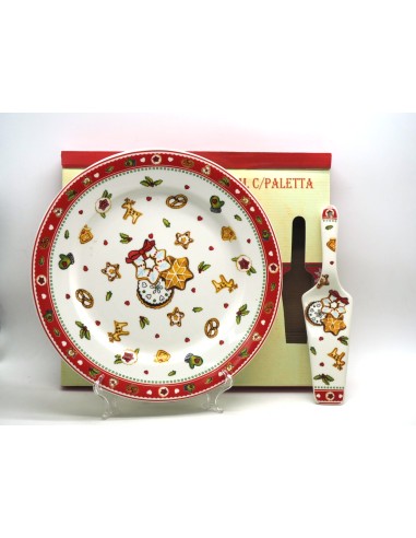 PORCELLANE: vendita online Piatto Panettone Natalizio 31cm con Paletta, Servizio da Dolce in Ceramica Decorata in offerta
