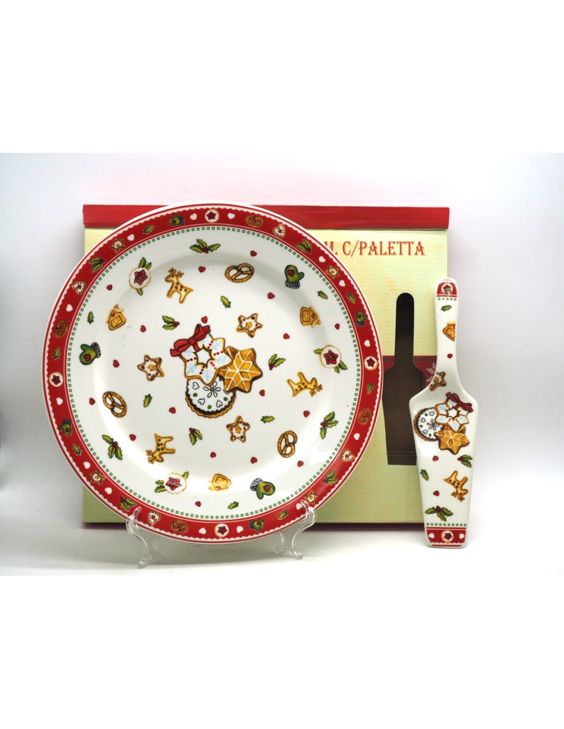PORCELLANE: vendita online Piatto Panettone Natalizio 31cm con Paletta, Servizio da Dolce in Ceramica Decorata in offerta