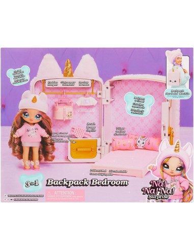 Na Na Na Surprise 3-in-1 Backpack Bedroom Unicorn Playset con Britney Sparkles | Zaino Unicorno e Set Camera