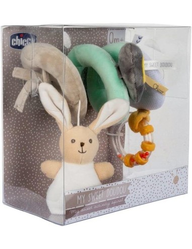 Chicco Gioco Fune Passeggio My Sweet Doudou - Morbido Tessuto Velour, 3 Attività, Agganciabile a Passeggino e Carrozzina, Beige,