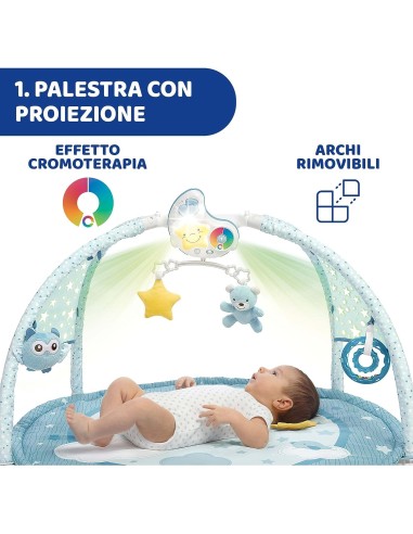 Palestrina dei Colori Azzurra Chicco 3in1 - Palestrina Elettronica con Tappeto, Proiettore e Luce Notturna