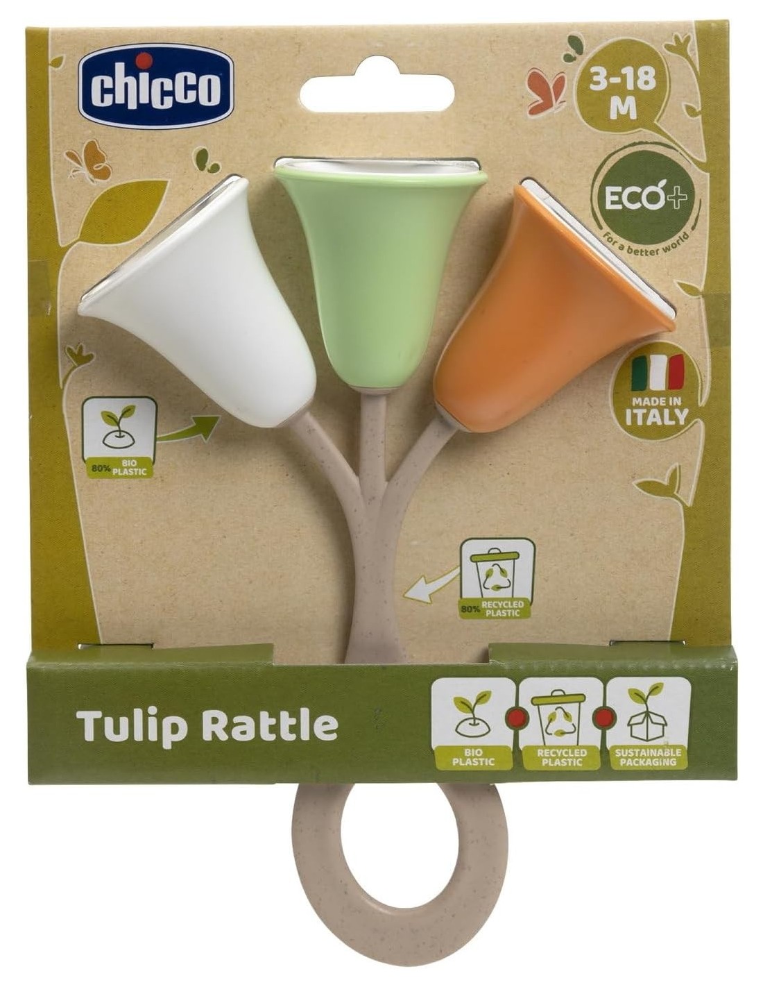 Sonaglio Tulipano Chicco - Gioco per Neonati in Plastica Riciclata e Bioplastica, 3-18 Mesi