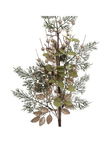 FIORI: vendita online Ramo Decorativo di Natale con Foglie Verdi, 75cm, Perline Dorate, Foglie Glitterate Champagne in offerta