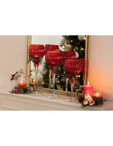 VETRERIE: vendita online Set di 3 Calici Natalizi Rossi con Ghirlanda, Fotofore in Vetro di Diverse Dimensioni, 30-40cm, Deco...