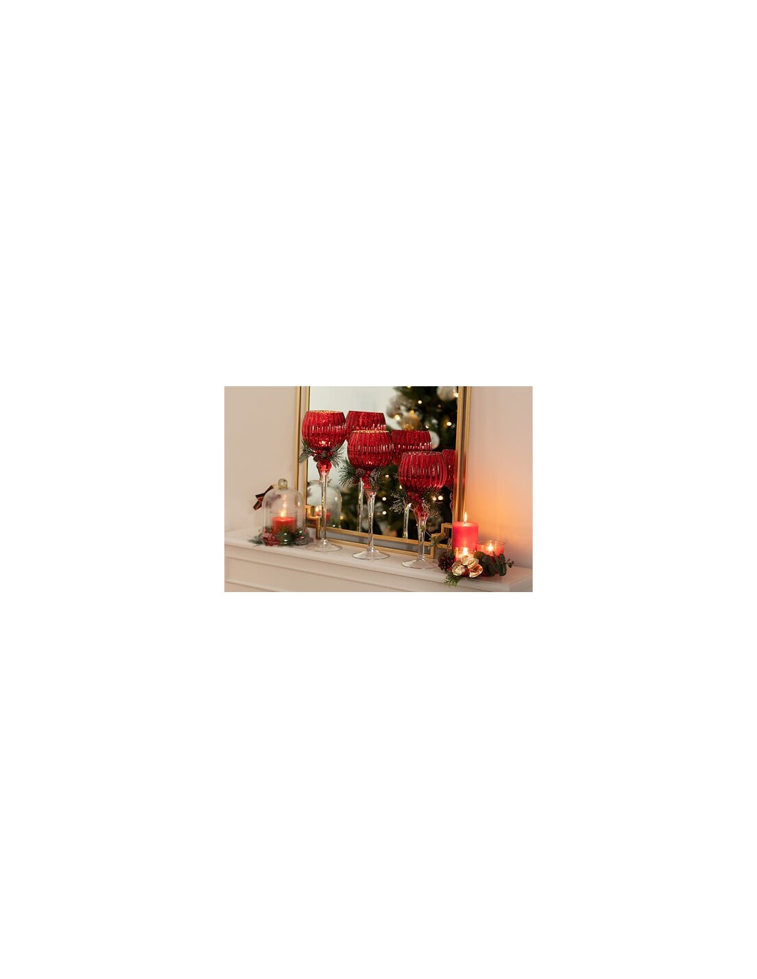 VETRERIE: vendita online Set di 3 Calici Natalizi Rossi con Ghirlanda, Fotofore in Vetro di Diverse Dimensioni, 30-40cm, Deco...