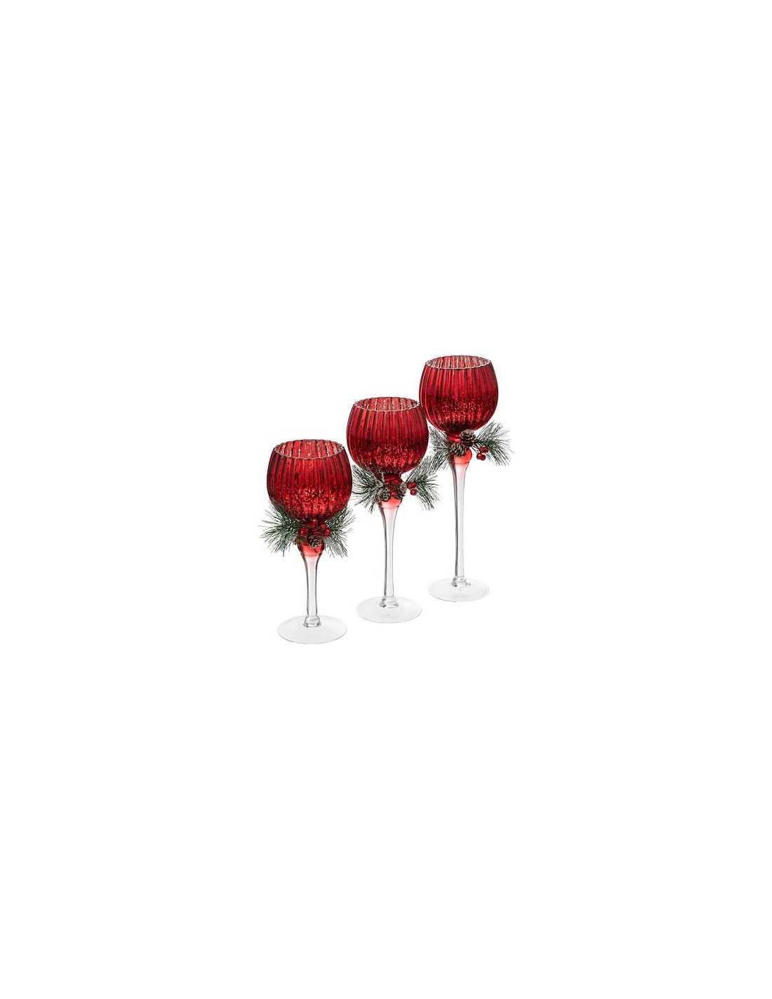 VETRERIE: vendita online Set di 3 Calici Natalizi Rossi con Ghirlanda, Fotofore in Vetro di Diverse Dimensioni, 30-40cm, Deco...