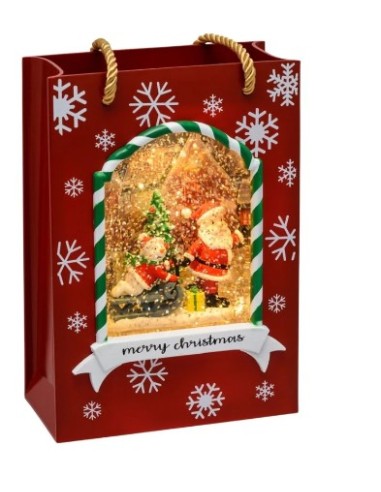 GIOSTRINE E VILLAGGI: vendita online Borsa Shopper Natalizia con Babbo Natale e Pupazzo su Slittino Rosso con LED e Glitter H...