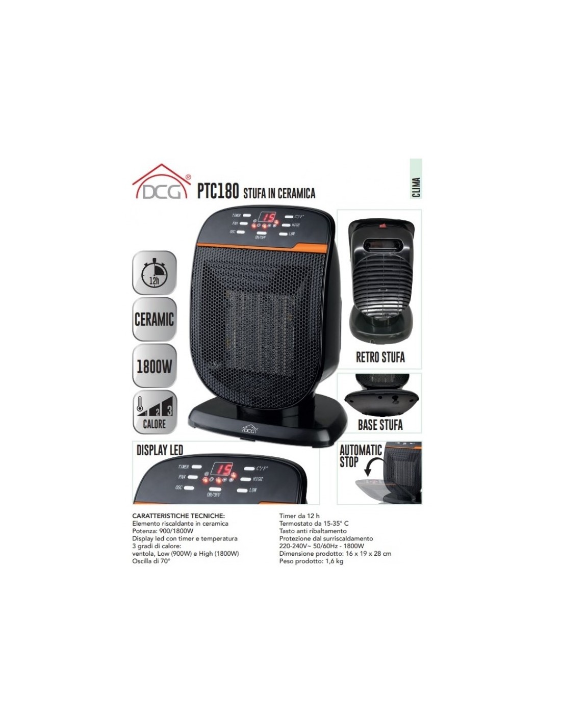 STUFE ELETTRICHE: vendita online Stufa in Ceramica, Potenza 900/1800W, Timer 12h, Termostato 15-35°C, Oscillazione 70°, 16x19...