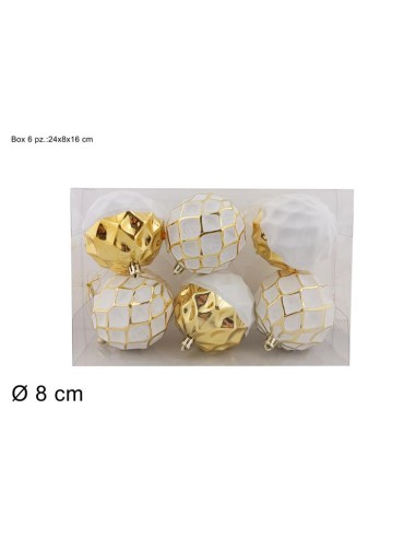 CONF 6 SFERE 270210 PLASTICA 8CM BIANCO/ORO BIANCO
