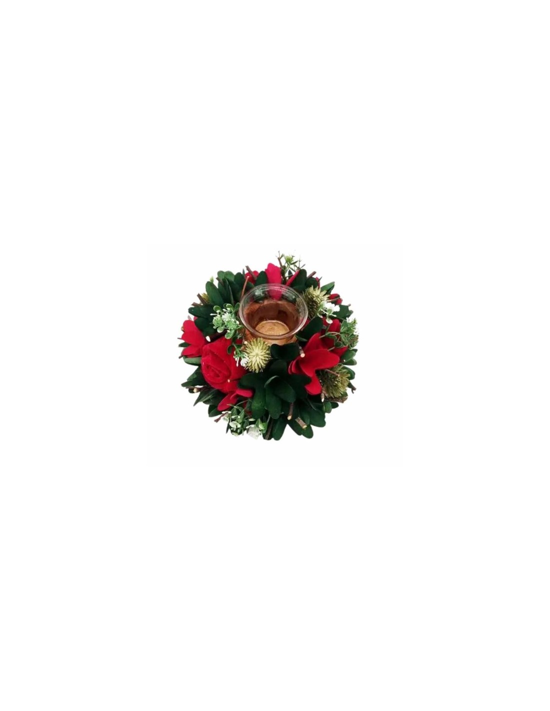 PORTACANDELA 30850 1P VELLUTO ROSSO 20X9CM CON PIGNE E FIORI