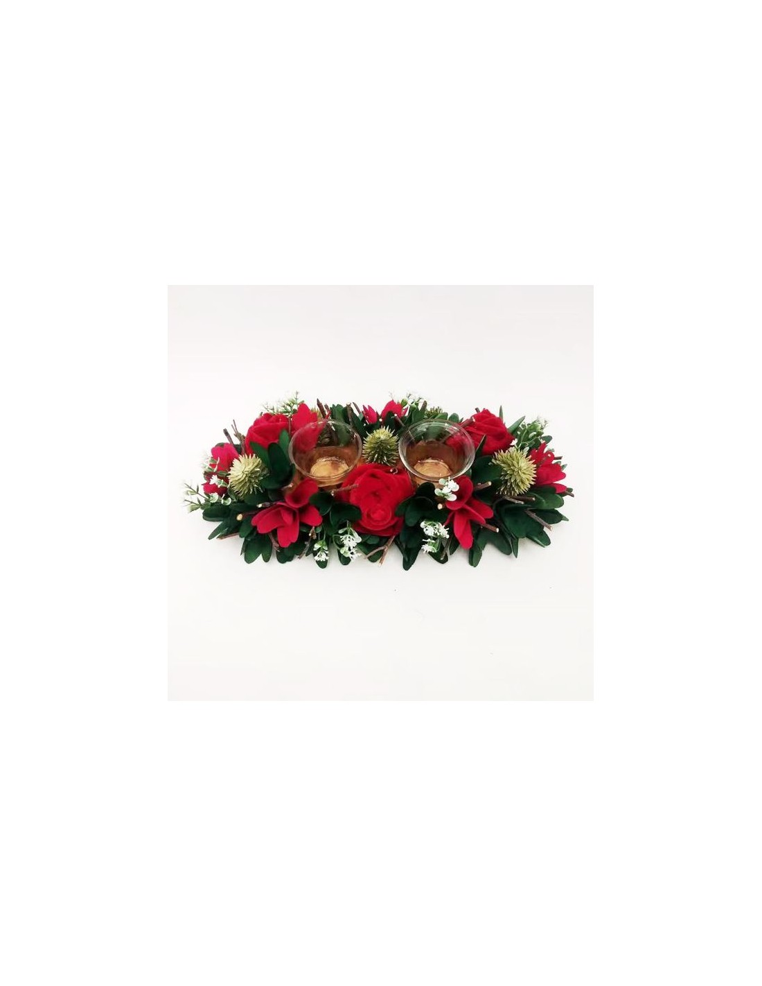 PORTACANDELA 30841 2P VELLUTO ROSSO 34X16X7CM CON FIORI