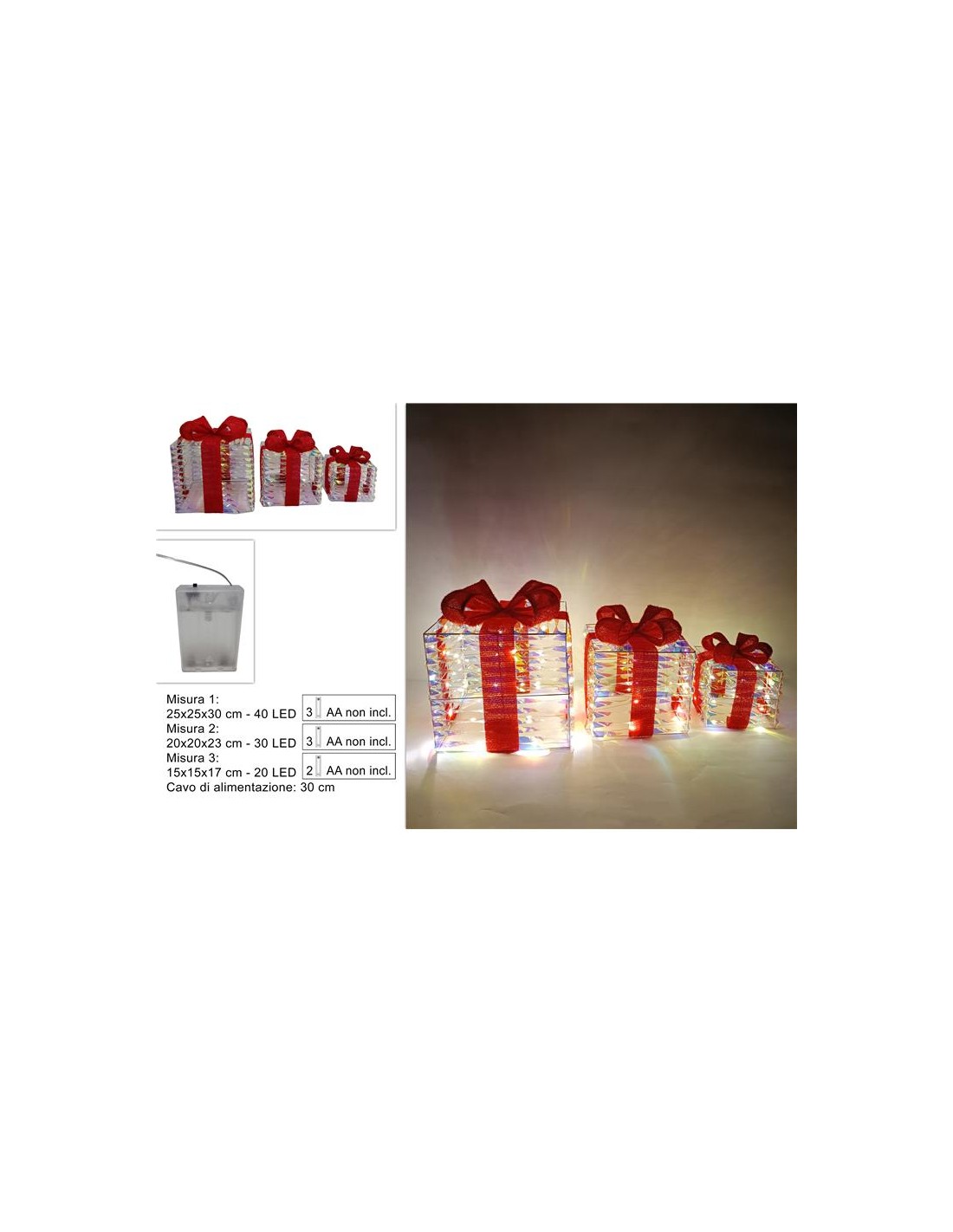 SET 3 PACCHI REGALO 287201 CON LUCI 15X15/20X20/25X25CM