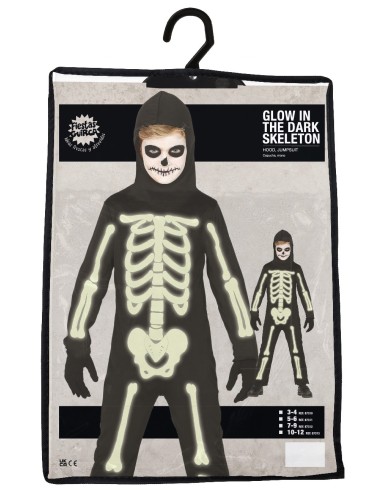 VESTITI: vendita online Costume Scheletro Luminoso al Buio, Taglia 7-9 Anni, Body e Cappuccio, Tema Halloween in offerta