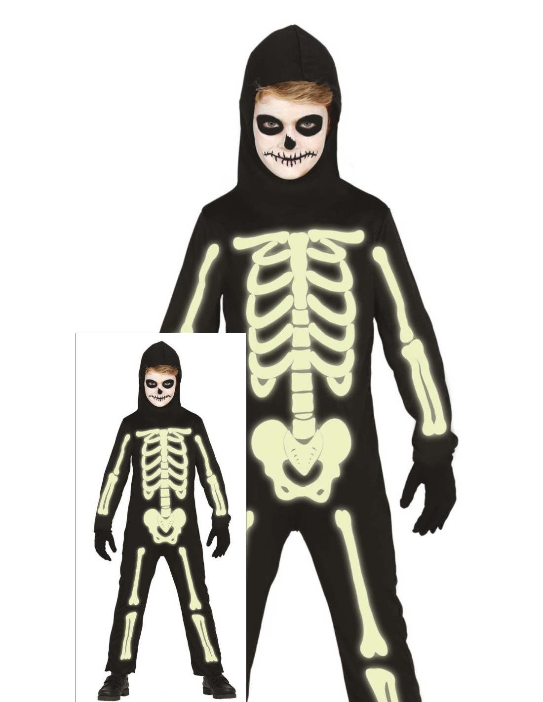 VESTITI: vendita online Costume Scheletro Luminoso, Taglia 5-6 Anni, Halloween, Body e Cappuccio, Brilla al Buio in offerta