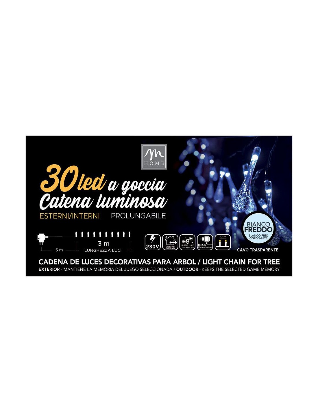 LUCI DI NATALE: vendita online Catena di Luci - 30 LED Goccia Bianco Freddo con Cavo Trasparente - La Magia di Natale a Casa ...