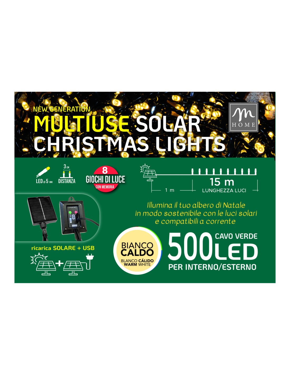 SERIE LUMINOSA 500LED LUCE SOLARE BIANCO CALDO DA INTERNO