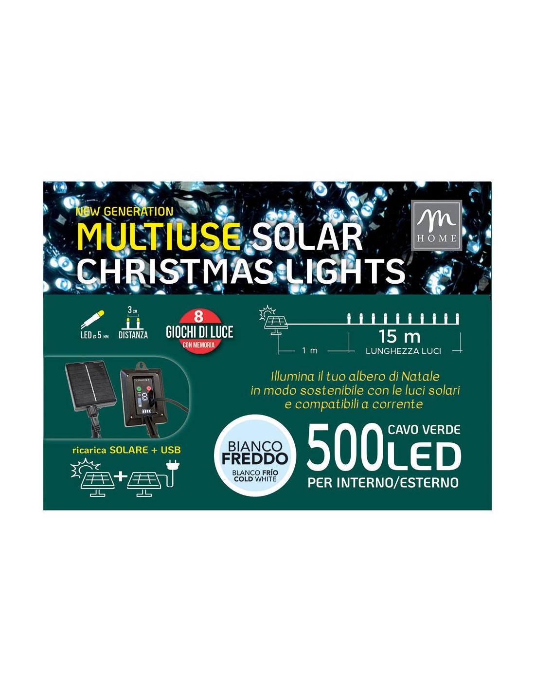 SERIE LUMINOSA 500LED LUCE SOLARE BIANCO FREDDO DA INTERNO