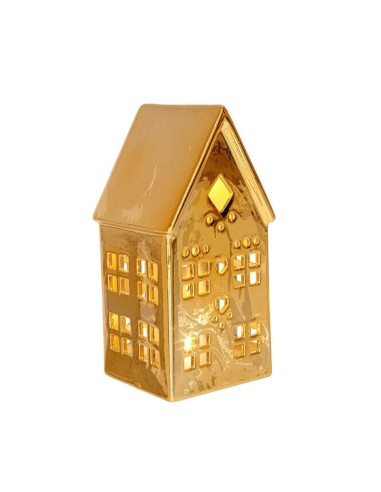 OGGETTISTICA NATALE: vendita online Casetta Dickens oro con LED H17cm in porcellana, decorazione natalizia luminosa a batteri...