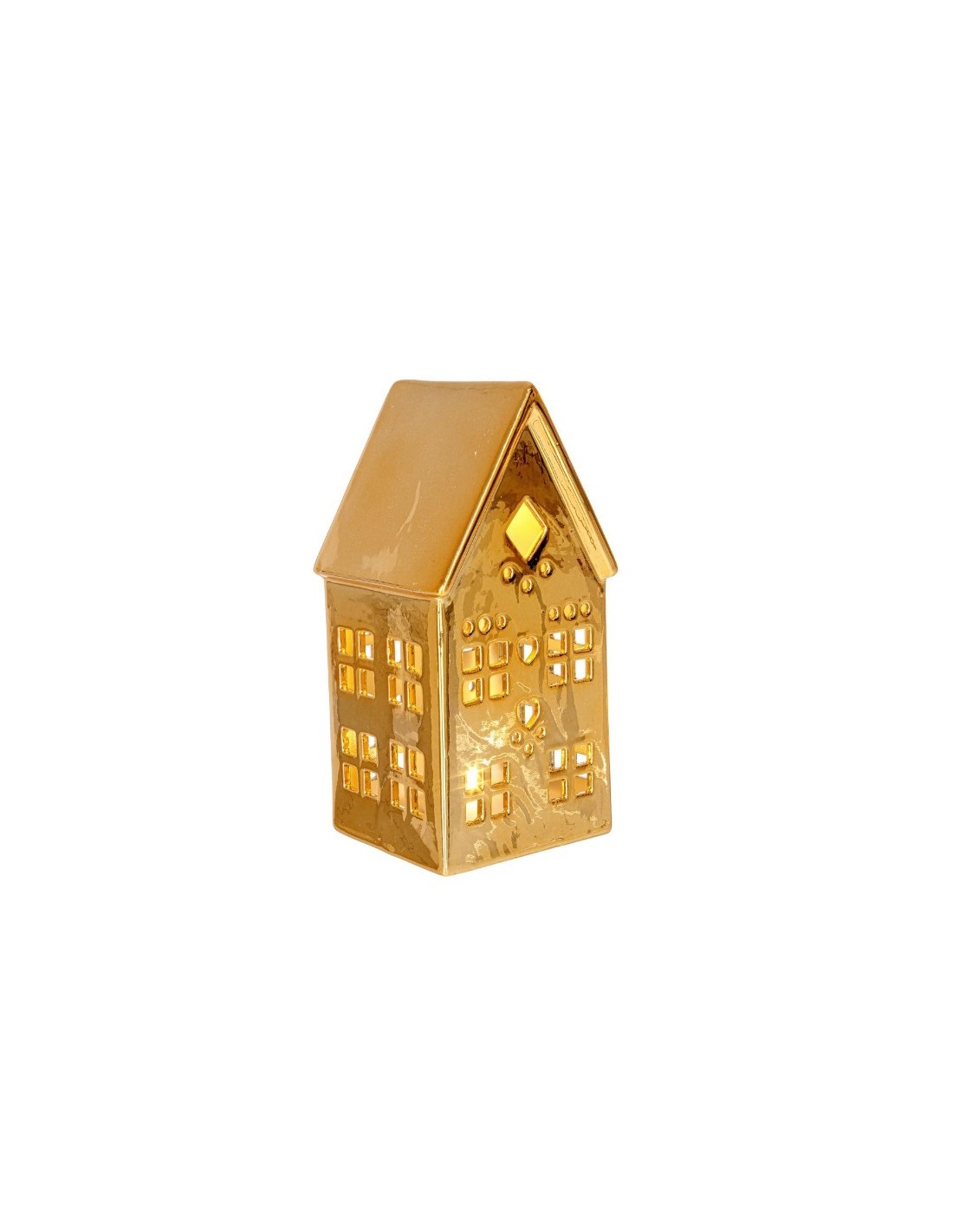 OGGETTISTICA NATALE: vendita online Casetta Dickens oro con LED H17cm in porcellana, decorazione natalizia luminosa a batteri...