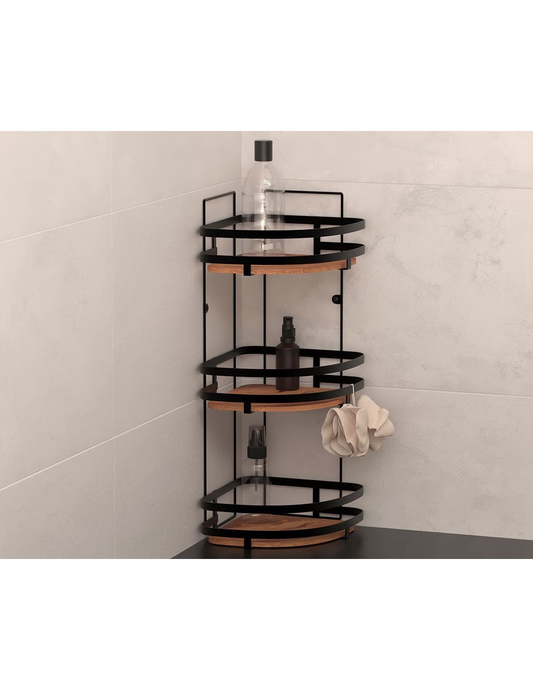 ACCESSORI VASCA E DOCCIA: vendita online Mensola per doccia angolare a 3 ripiani in acciaio e legno di acacia, 23,5x19,5x55 c...