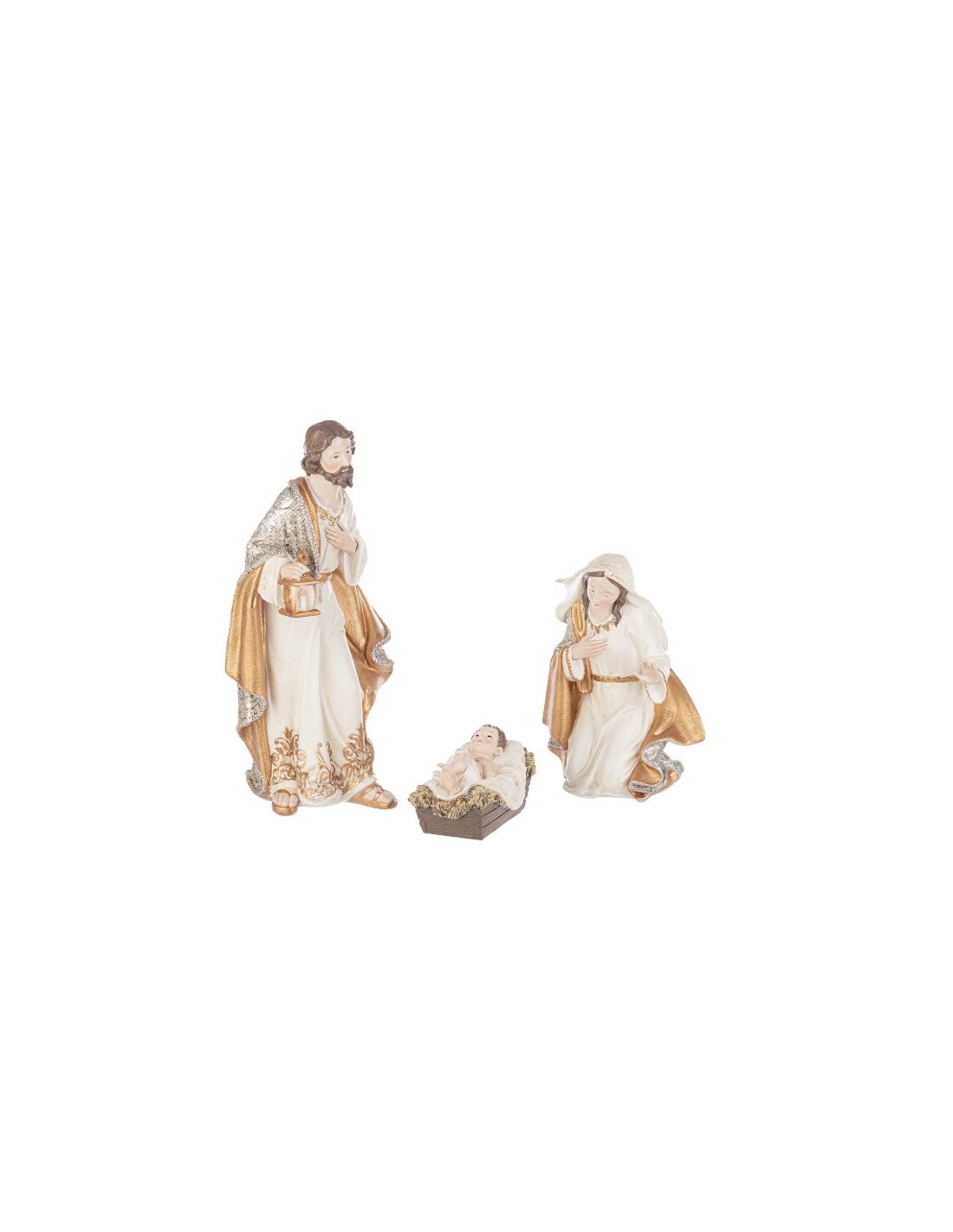 OGGETTISTICA NATALE: vendita online Natività Ellyn 3 pezzi bianco oro in resina, statuine presepe eleganti, Sacra Famiglia de...