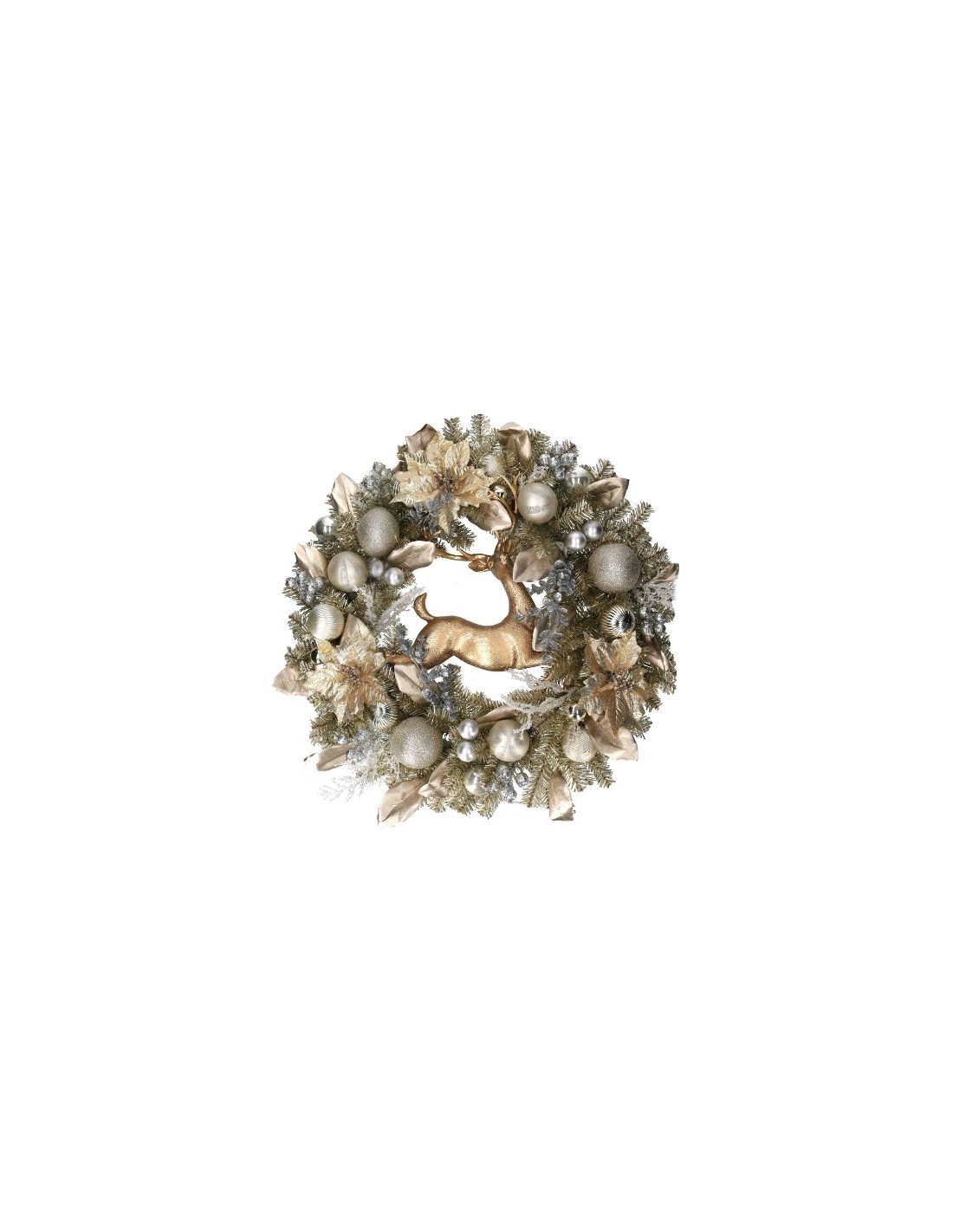 GHIRLANDA RESINA 77CM CON RENNA E SFERE ORO/ARGENTO