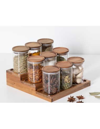 ACCESSORI VARI: vendita online Espositore per spezie con 9 barattoli in acacia, dimensioni L.23 x P.24 x H.15 cm in offerta