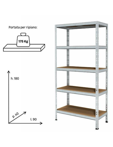 SCAFFALE 910/91 5 RIPIANI 90X40X180CM METALLO ZINCATO