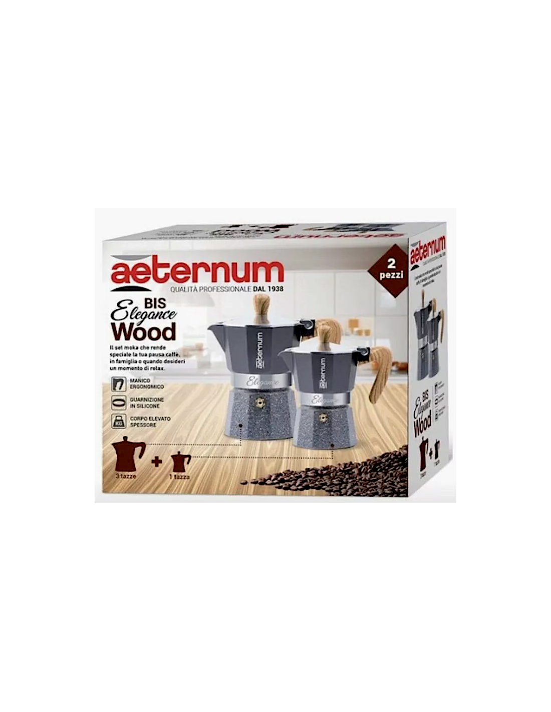 Set Caffettiera Aeternum Bialetti Elegance Wood 1 + 3 Tazze | shopincasa.it
