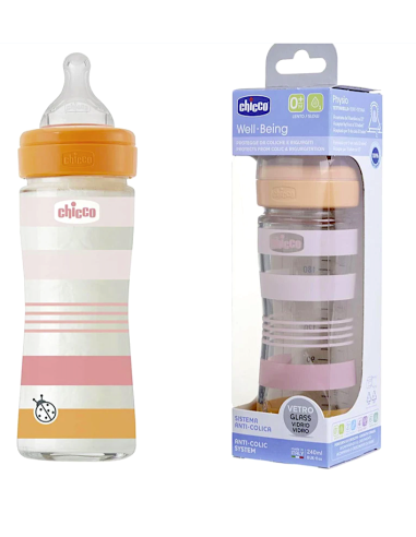 Chicco Biberon Well-Being Vetro Rosa 240ml | Silicone Soft Sense