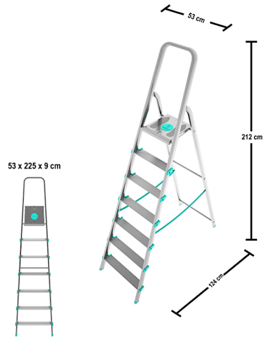 SCALE ALLUMINIO: vendita online Scala alluminio, 7 gradini, portata 150 kg, maniglione, piattaforma ampia, 53x124x212 cm, Col...