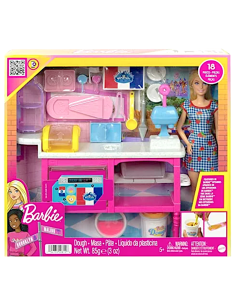 BARBIE  PLAYSET CAFFETTERIA HJY19, BAMBOLA MALIBU, 18 ACCESSORI PASTICCERIA, GIOCO PER BAMBINI 5+ ANNI