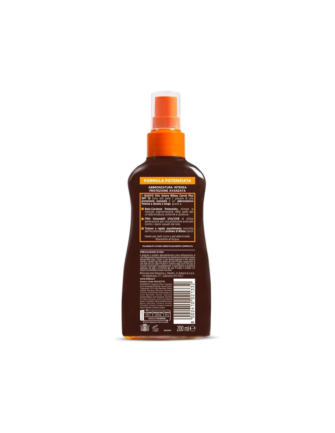 BAZAR IGIENE PERSONA: vendita online Bilboa Carrot Plus, Olio Solare Spray SPF 10, Olio Abbronzante Corpo - 200 ml in offerta