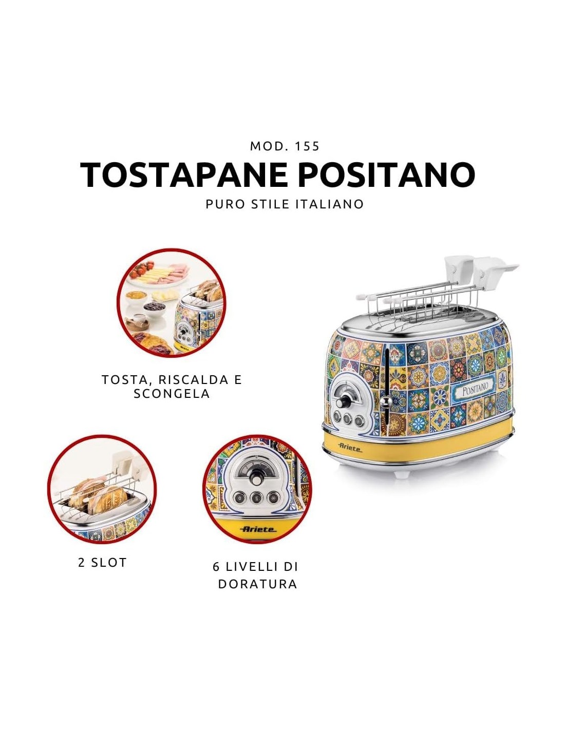 PIASTRE - TOSTAPANE - BISTECCHIERE: vendita online Ariete, Tostapane Positano, 810W, 2 fette, defrost, espulsione automatica,...