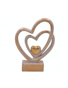 FIGURA DOPPIO CUORE RESINA DORATO 23X16CM