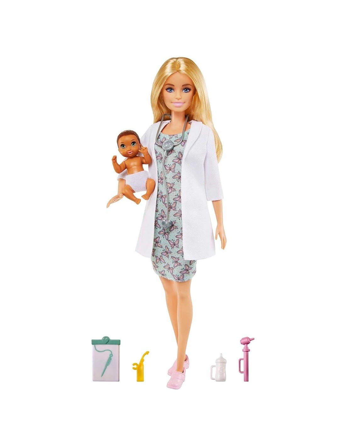 BARBIE, PLAYSET PEDIATRA CON BAMBOLA BIONDA, NEONATA, ACCESSORI MEDICI, GVK03, GIOCO DI RUOLO, BARBIE DOTTORE