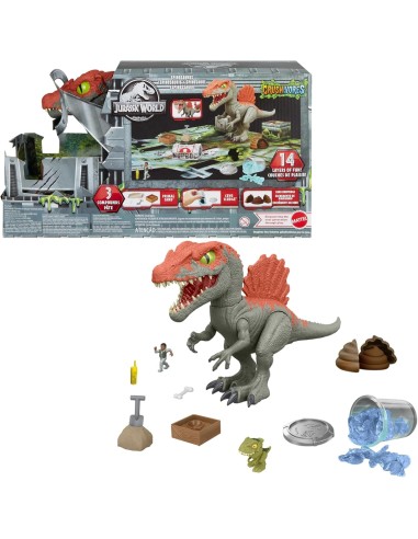 MATTEL JURASSIC WORLD CRUSHIVORES, SPINOSAURO CAGE CRASHER, DINOSAURO, ACCESSORI, SABBIA, GEL, PASTA MODELLABILE, 4+ ANNI, HTP71